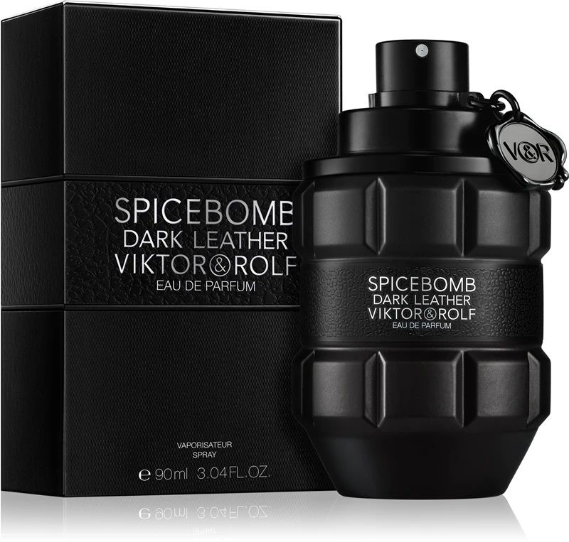 Refect Beauty Viktor & Rolf Spicebomb Dark Leather Eau de Parfum in a black grenade-shaped bottle with its box.