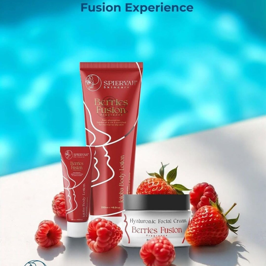 Refect Beauty Spiervah Gardenia Berries Fusion Jojoba body lotion tubes and facial cream with fresh raspberries