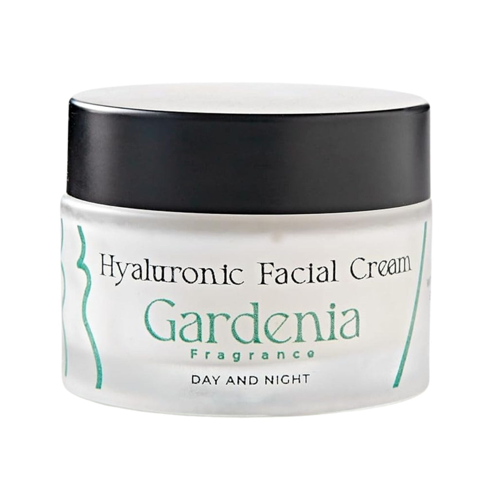 Refect Beauty Spiervah Hyaluronic Facial Cream with Gardenia fragrance in a frosted glass jar with a black lid.