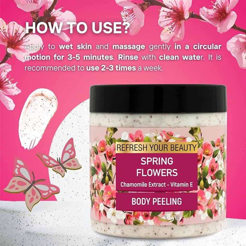 Refect Beauty Oriense Spring Flowers Chamomile body scrub jar with floral label design against a pink background
