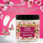 Refect Beauty Oriense Spring Flowers Chamomile body scrub jar with floral label design against a pink background