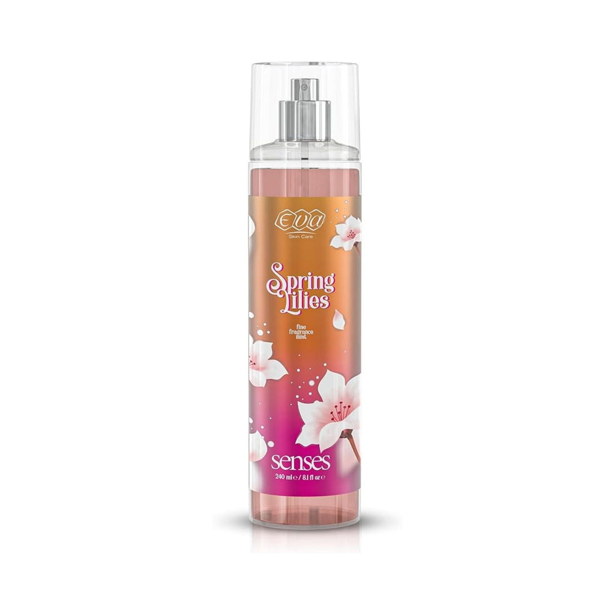 Refect Beauty Eva Senses Spring Lilies body splash in a clear spray bottle with floral design and pink gradient
