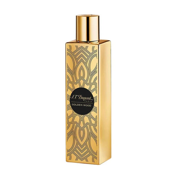 Refect Beauty S.T.Dupont Golden Wood Eau de Parfum in a tall rectangular gold bottle with intricate black patterns