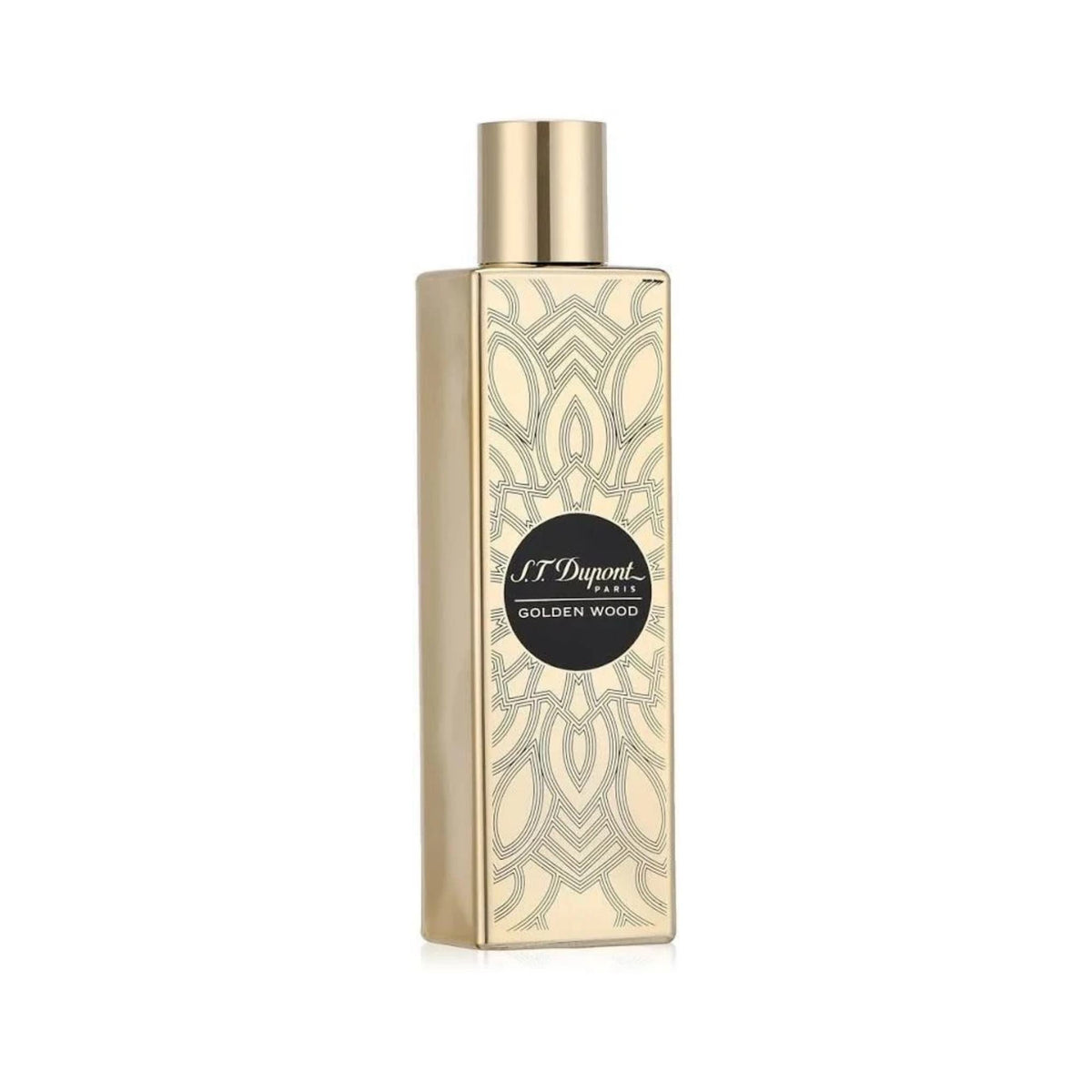 Refect Beauty S.T.Dupont Golden Wood Eau de Parfum in a tall, elegant gold bottle with intricate geometric patterns.