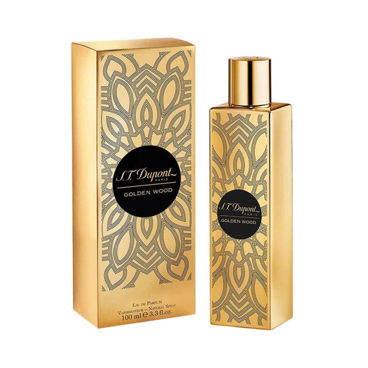 Refect Beauty S.T.Dupont Golden Wood Eau de Parfum bottle and gold box with intricate black and gold floral patterns
