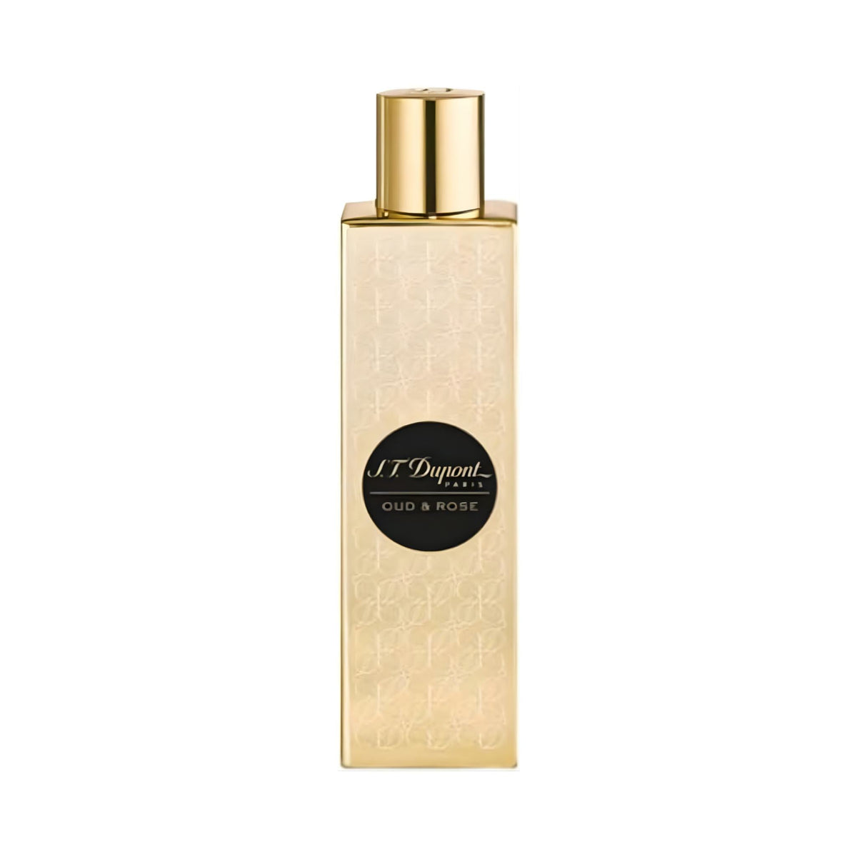 Refect Beauty S.T.Dupont Oud & Rose eau de parfum in a tall, elegant gold bottle with a black circular label.