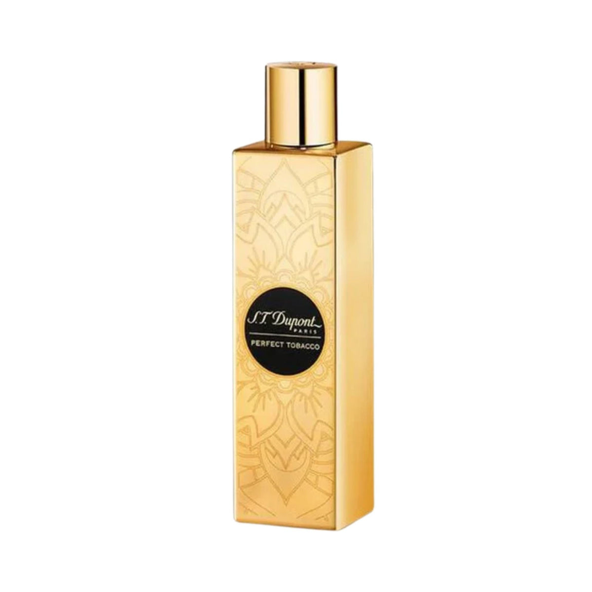 Refect Beauty S.T.Dupont Perfect Tobacco Eau de Parfum in a tall, rectangular gold bottle with intricate engravings.