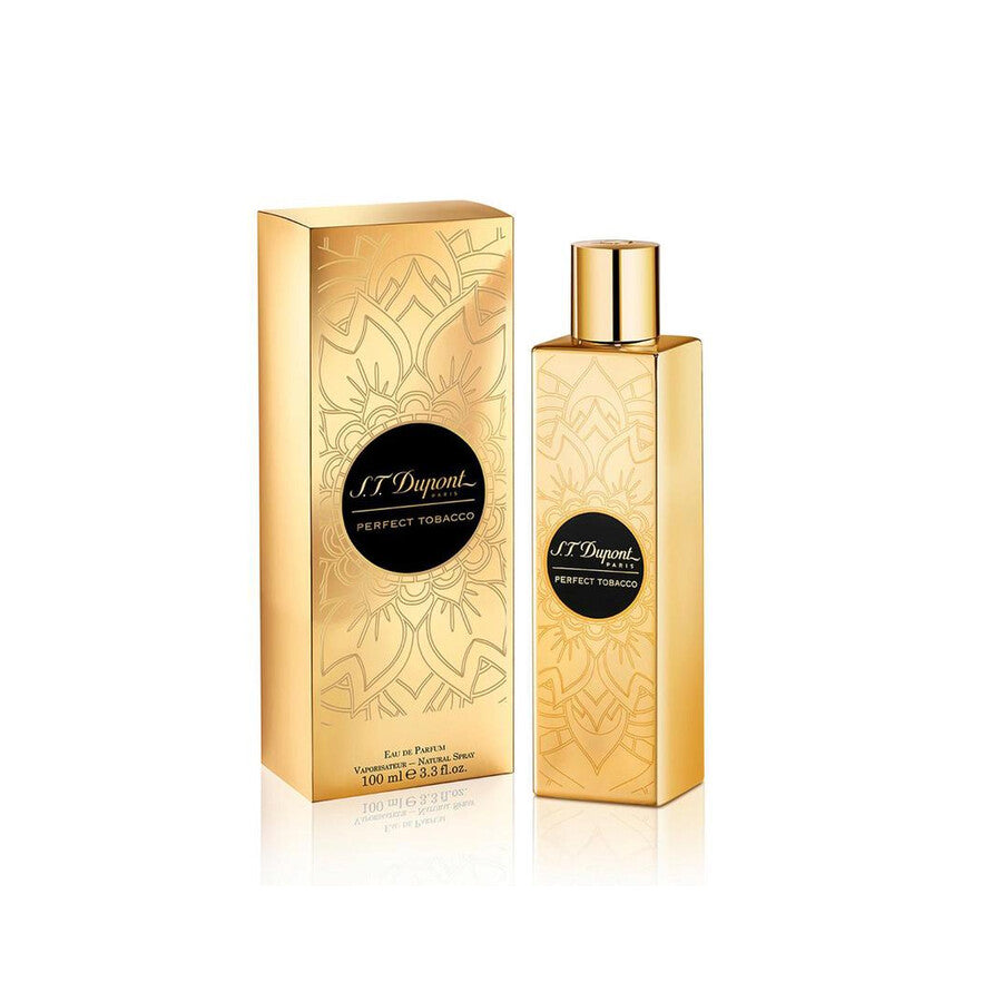 Refect Beauty S.T.Dupont Perfect Tobacco Eau de Parfum bottle and gold box with elegant floral patterns