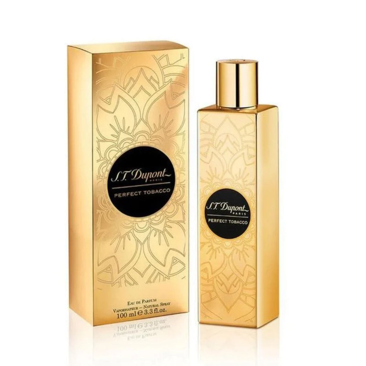 Refect Beauty S.T.Dupont Perfect Tobacco Eau de Parfum in a gold bottle and matching decorative box