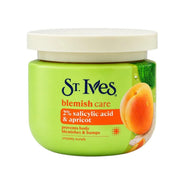 Refect Beauty St. Ives Blemish Care 2% Salicylic Acid & Apricot Creamy Scrub in a green jar for body exfoliation.