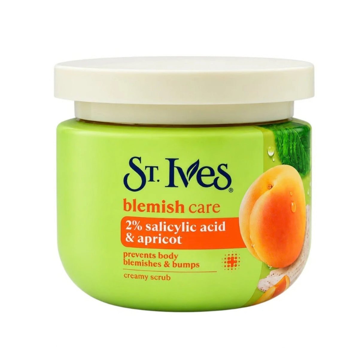 Refect Beauty St. Ives Blemish Care 2% Salicylic Acid & Apricot Creamy Scrub in a green jar for body exfoliation.