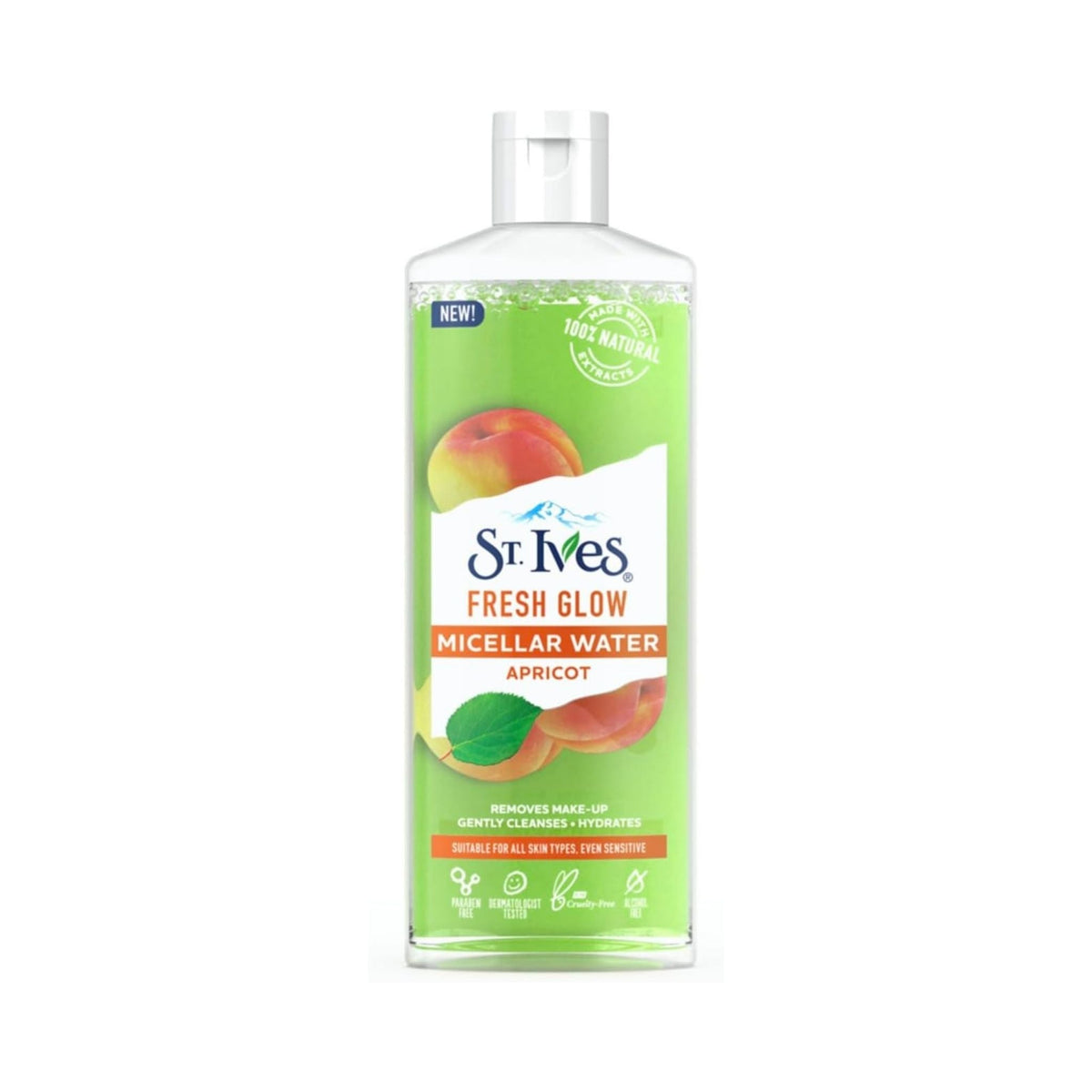 Refect Beauty St. Ives Fresh Glow Apricot Micellar Water in a clear bottle with green label and apricot imagery.