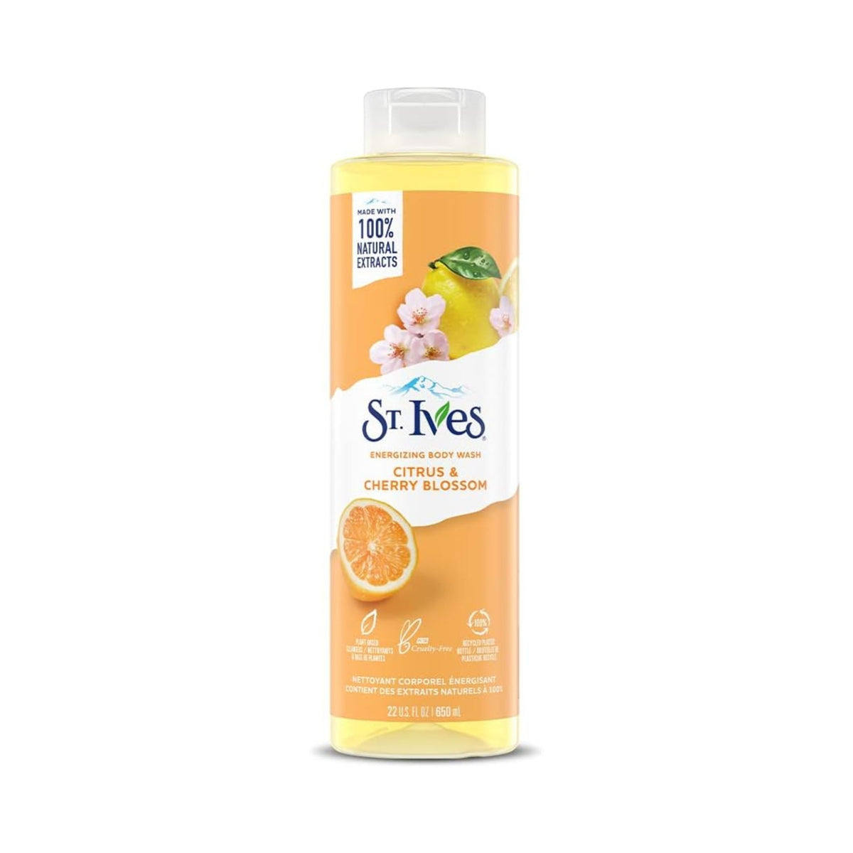 Refect Beauty St. Ives Energizing Citrus & Cherry Blossom body wash in a clear bottle with orange and floral graphics.