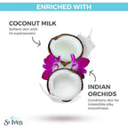 Refect Beauty St. Ives body lotion ingredients featuring fresh coconut milk and vibrant purple orchid flowers