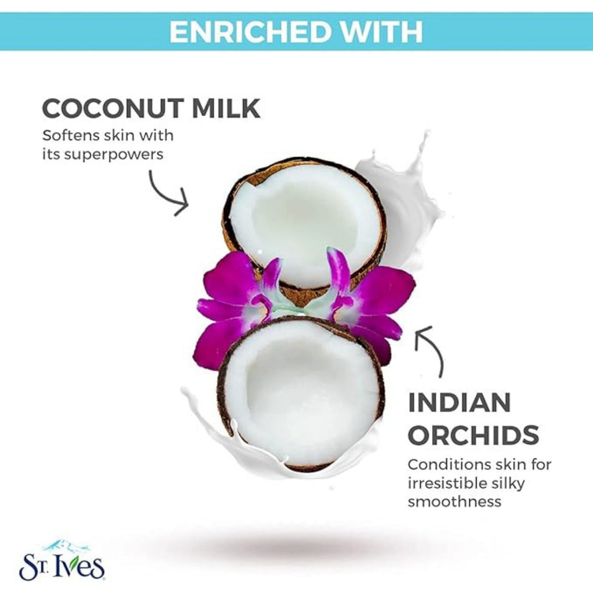Refect Beauty St. Ives body lotion ingredients featuring fresh coconut milk and vibrant purple orchid flowers
