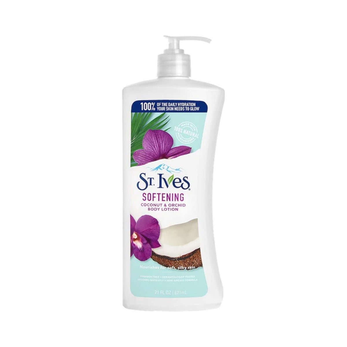 Refect Beauty St. Ives Softening Coconut & Orchid body lotion in a white pump bottle with floral and coconut graphics.