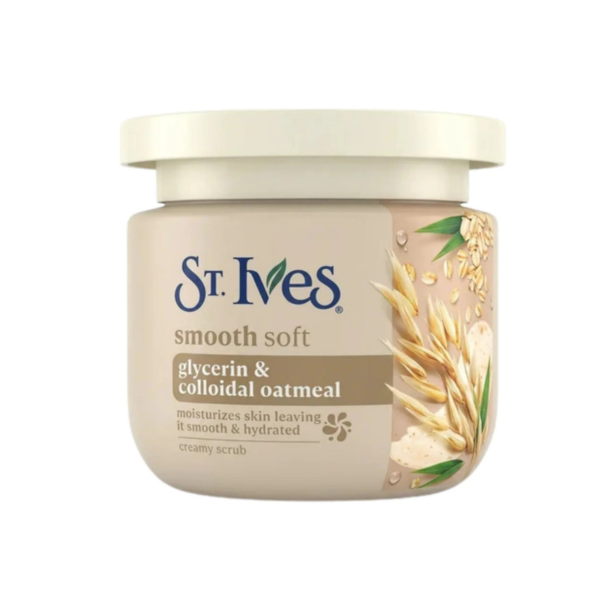 Refect Beauty St. Ives Smooth & Soft Glycerin & Colloidal Oatmeal creamy body scrub in a beige jar with oat graphics.