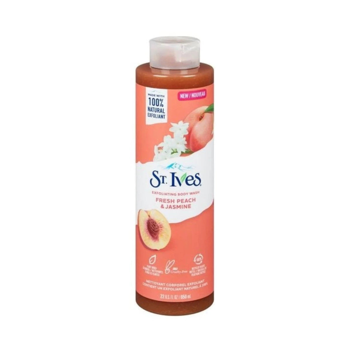 Refect Beauty St. Ives Fresh Peach & Jasmine exfoliating body wash in a tall orange bottle with peach and flower art.