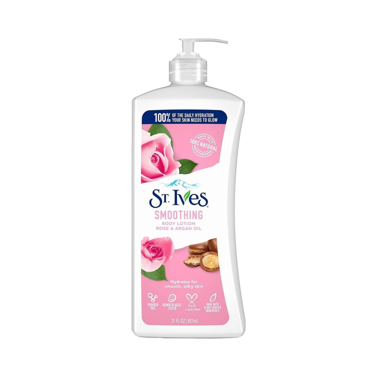 Refect Beauty St. Ives Rose & Argan Oil Smoothing Body Lotion in a white pump bottle with floral and nut imagery.