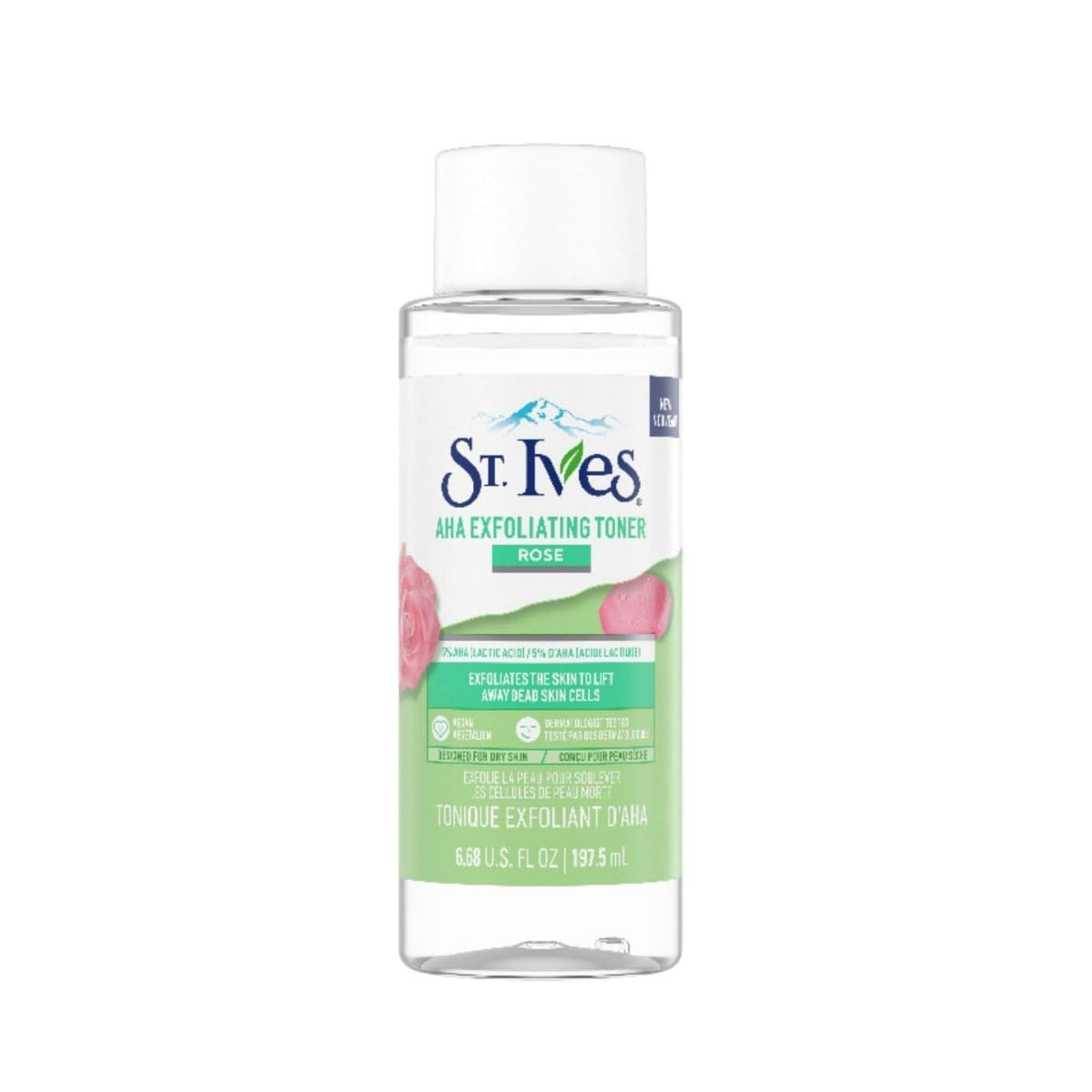 Refect Beauty St. Ives Rose Exfoliating Facial Toner in a clear bottle with a white cap for smooth skin.