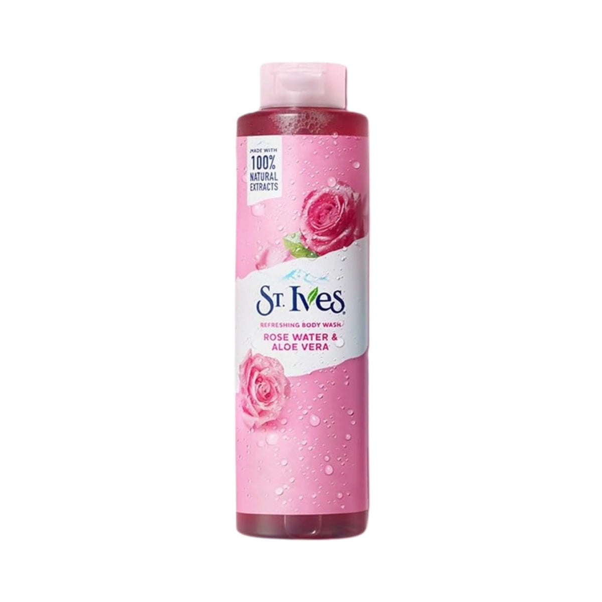 Refect Beauty St. Ives Rose Water and Aloe Vera body wash in a pink bottle with floral design for soft hydrated skin
