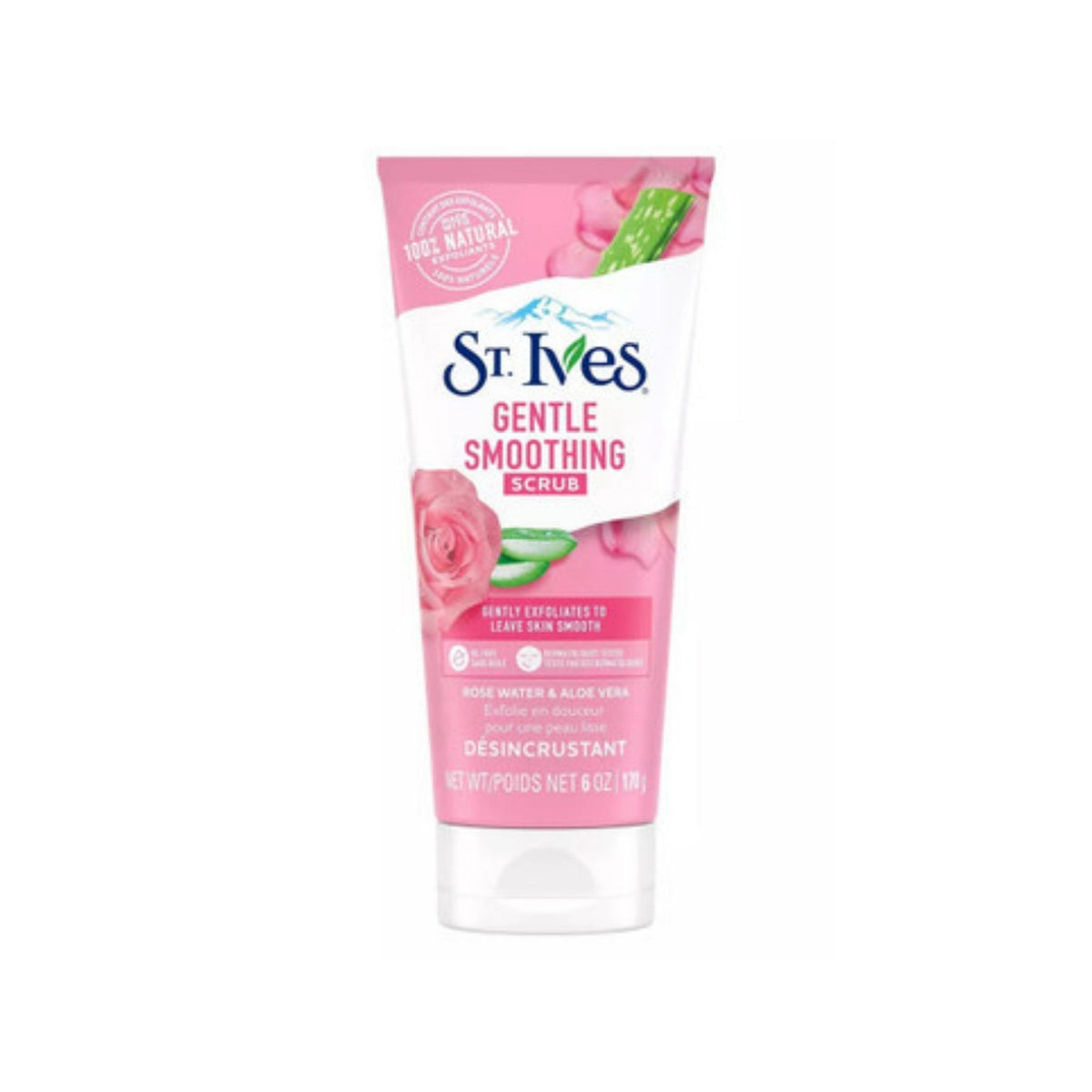 Refect Beauty St. Ives Gentle Smoothing Rosewater & Aloe Vera facial scrub in a pink squeeze tube with floral accents.