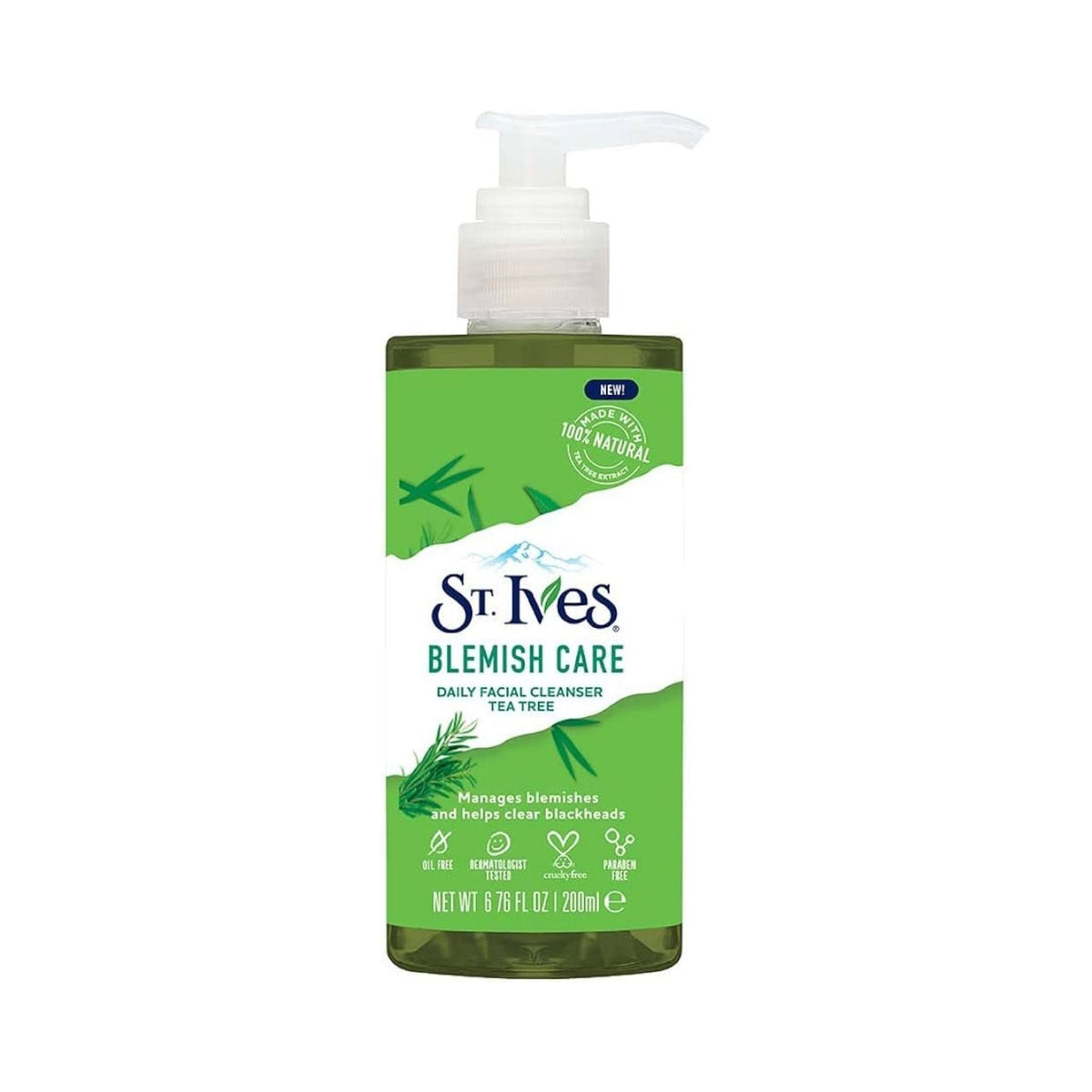 Refect Beauty St. Ives Blemish Care Tea Tree daily facial cleanser in a clear pump bottle for acne-prone skin.