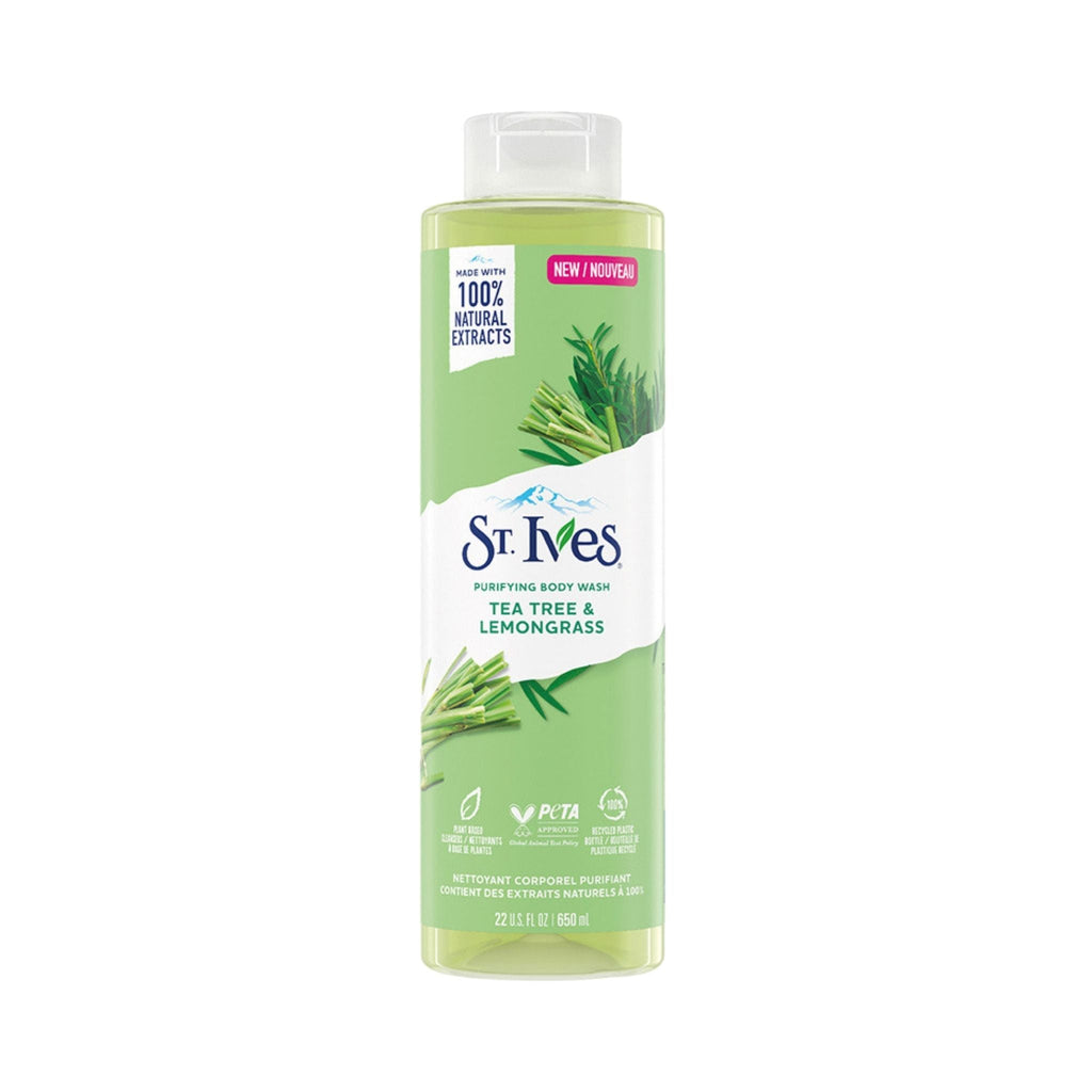 Refect Beauty St. Ives Purifying Body Wash with tea tree and lemongrass in a green 650ml bottle.