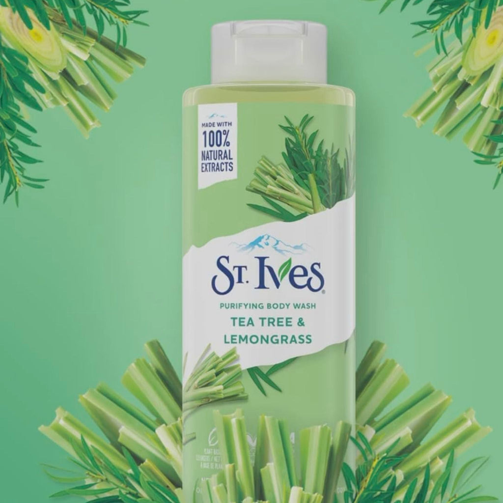 Refect Beauty St. Ives Purifying Body Wash with tea tree and lemongrass extracts in a green bottle