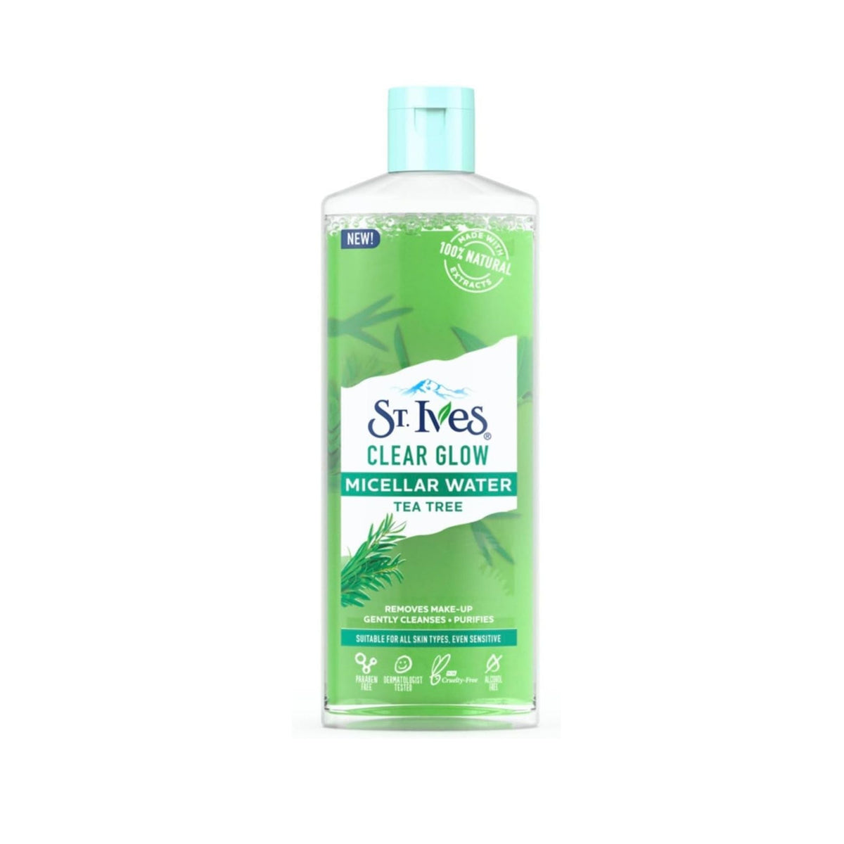 Refect Beauty St. Ives Clear Glow 3-in-1 Tea Tree Micellar Water in a clear bottle with a light green label.