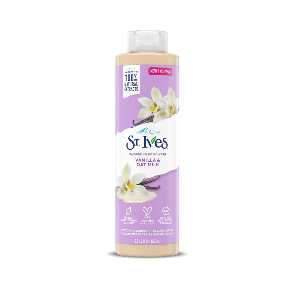 Refect Beauty St. Ives Pampering Vanilla and Oat Milk body wash in a 650ml bottle with natural extract branding.