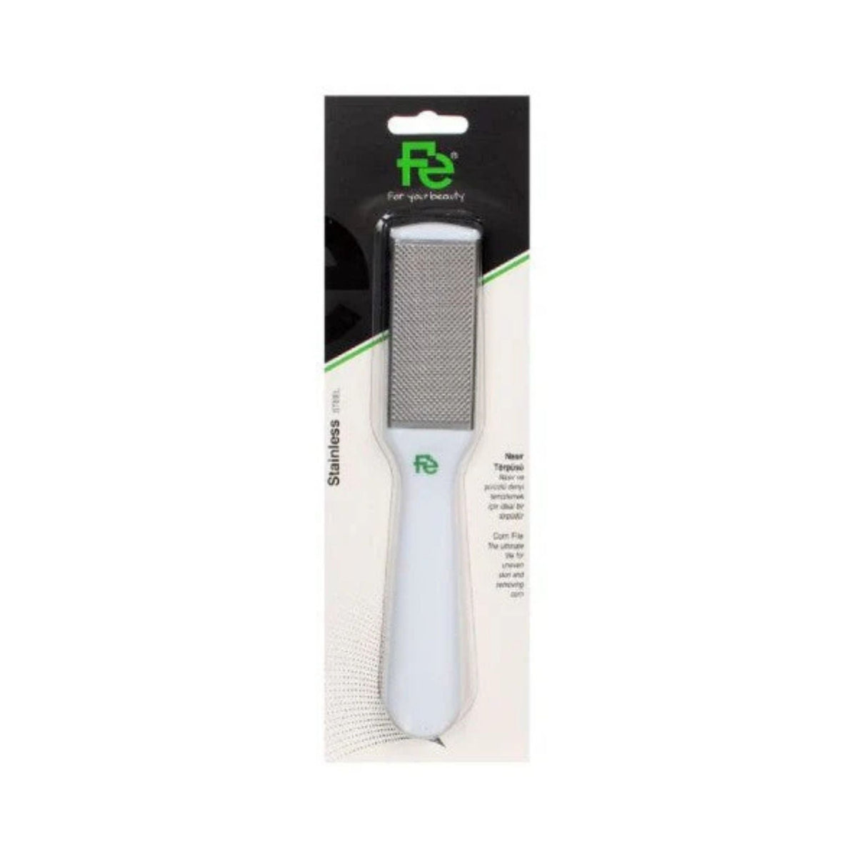 Refect Beauty stainless steel corn and callus foot file with an ergonomic white plastic handle in retail packaging