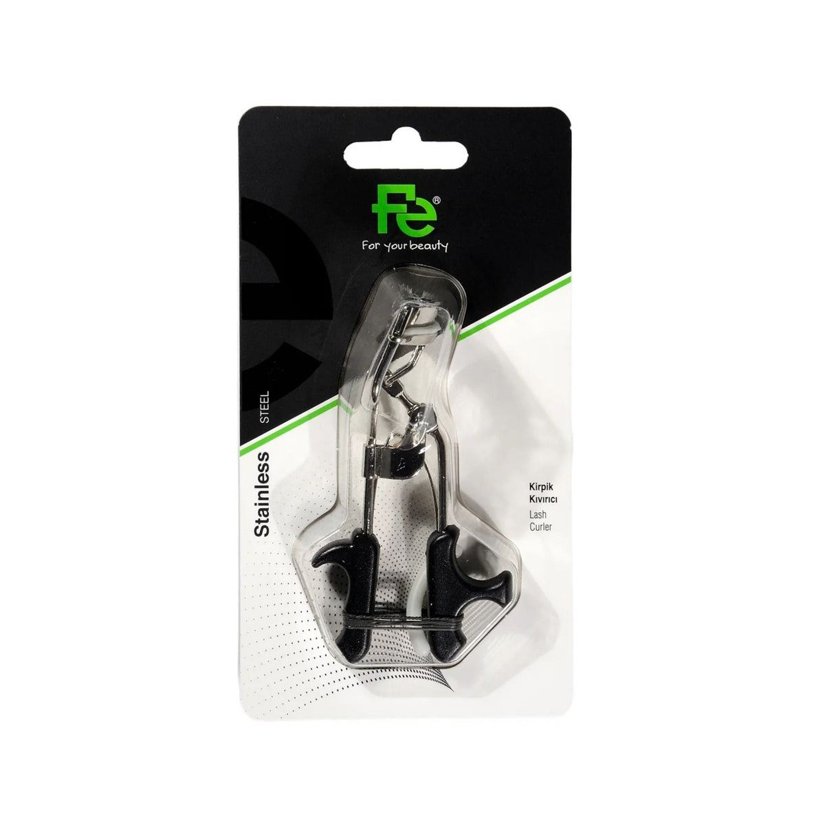 Refect Beauty Fe Lashe Curler in retail packaging, featuring a stainless steel frame and black ergonomic handles.