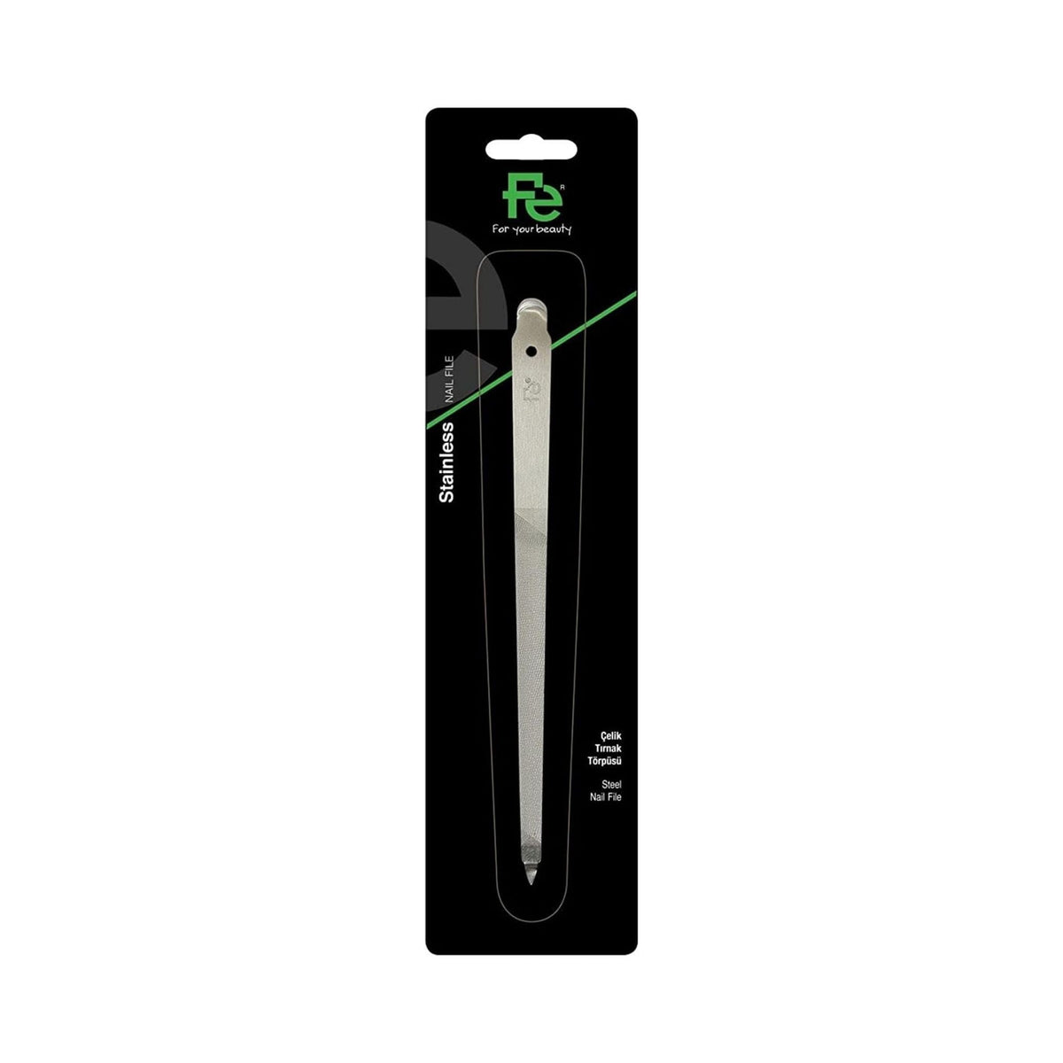 Refect Beauty Fe stainless steel nail file in black retail packaging for shaping and smoothing natural nails.