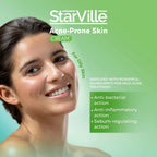 Refect Beauty StarVille acne-prone skin cream featuring a smiling woman with clear skin on a green background