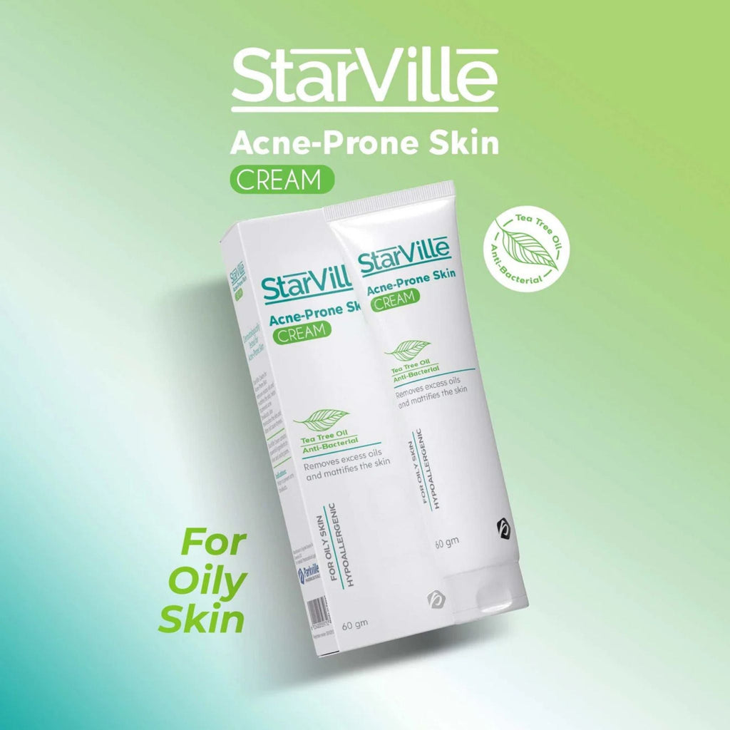 Refect Beauty StarVille Acne Prone Skin Cream tube with tea tree oil for oily skin in a green gradient background