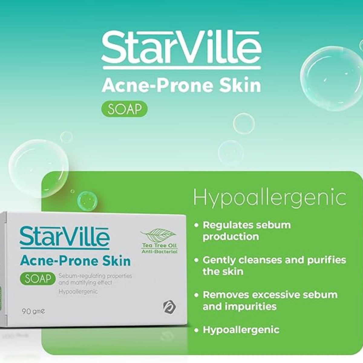 Refect Beauty Starville acne-prone skin cleansing soap bar in white packaging with tea tree oil benefits listed.