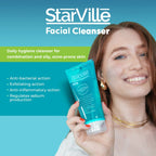 Refect Beauty StarVille facial cleanser gel for acne-prone skin held by a smiling woman with clear skin