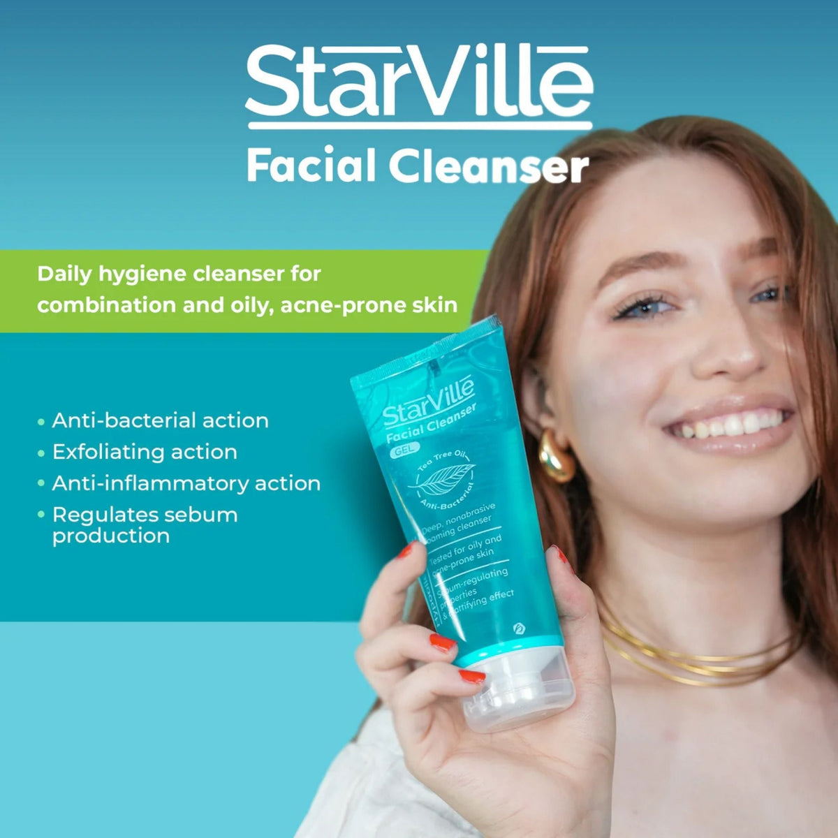 Refect Beauty StarVille facial cleanser gel for acne-prone skin held by a smiling woman with clear skin