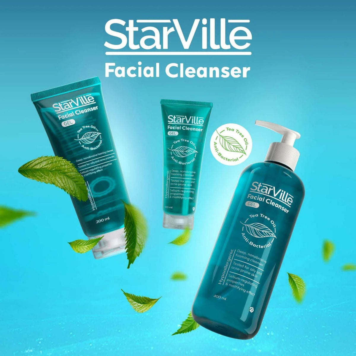 Refect Beauty StarVille facial cleanser gel bottles for acne-prone skin with floating tea tree leaves on blue background