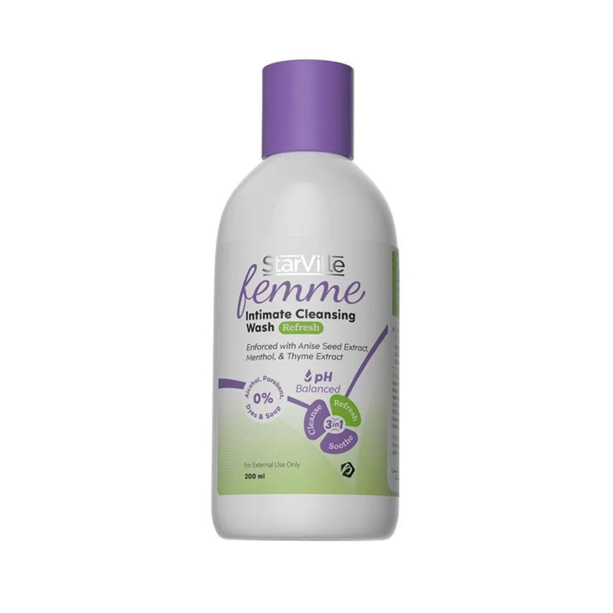Refect Beauty Starville Femme Refreshing Intimate Cleansing Wash in a 200ml bottle with a purple cap.