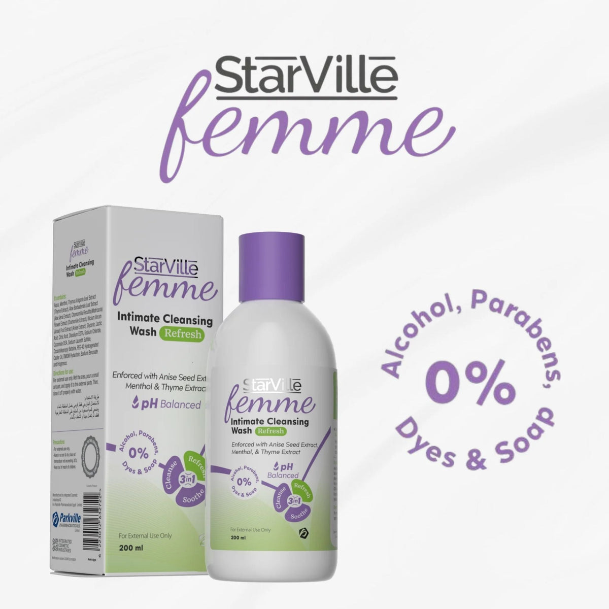 Refect Beauty Starville Femme refreshing intimate cleansing wash bottle with product box and ingredient highlights