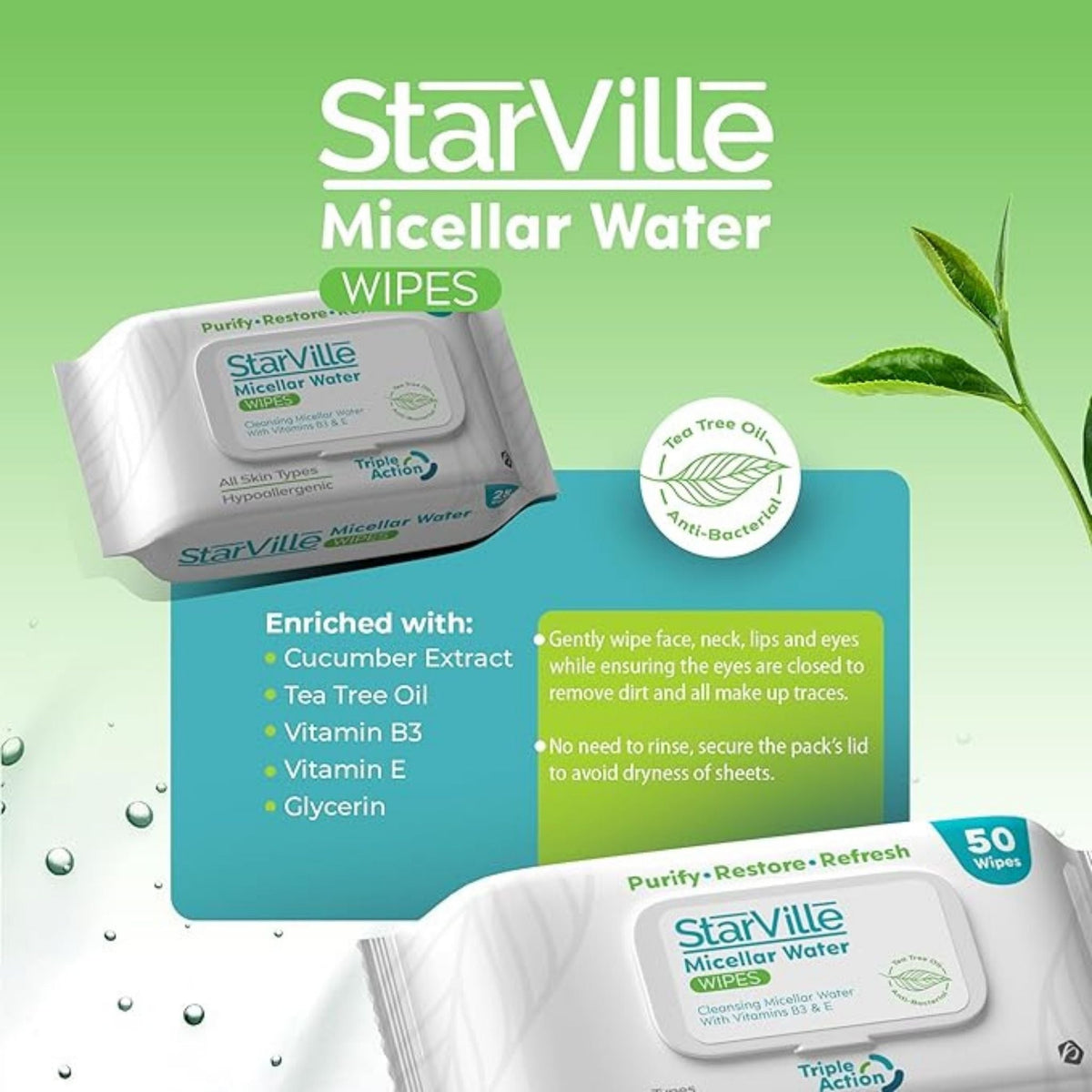 Refect Beauty StarVille micellar water cleansing wipes pack with tea tree oil and cucumber extract for all skin types