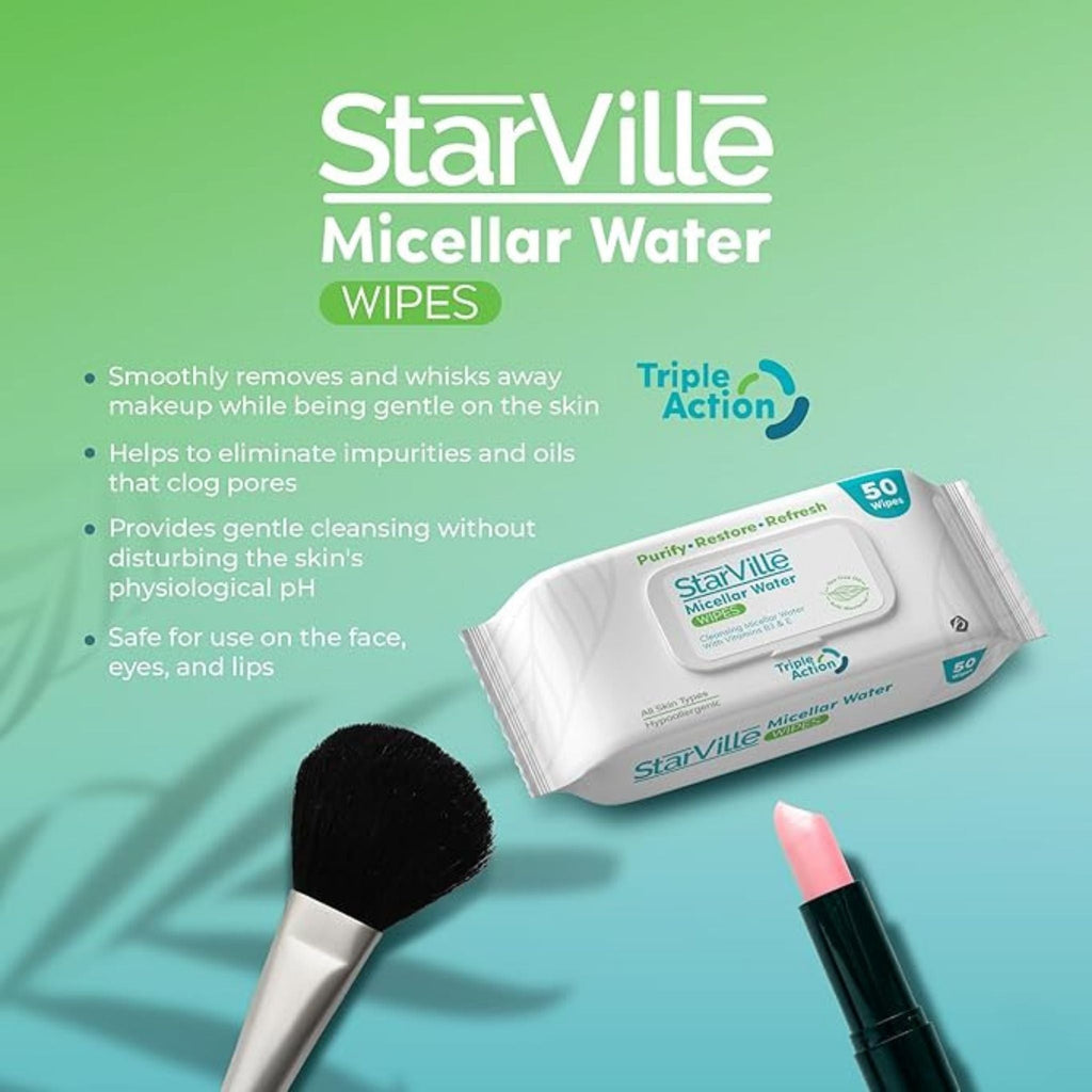 Refect Beauty StarVille micellar water cleansing wipes pack with makeup brush and lipstick on a green background