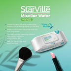 Refect Beauty StarVille micellar water cleansing wipes pack with makeup brush and lipstick on a green background