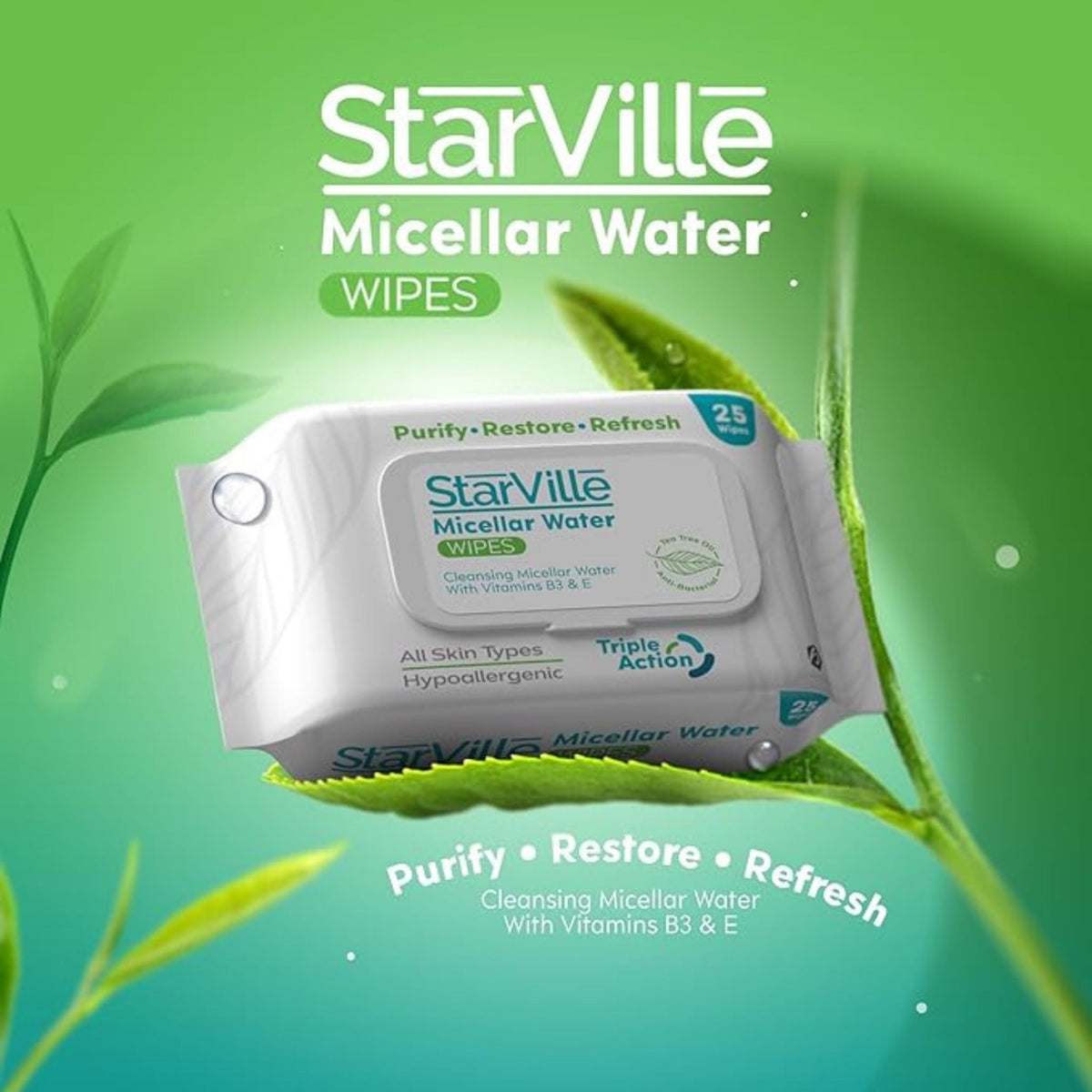 Refect Beauty StarVille micellar water cleansing wipes pack with tea tree oil and vitamins for all skin types