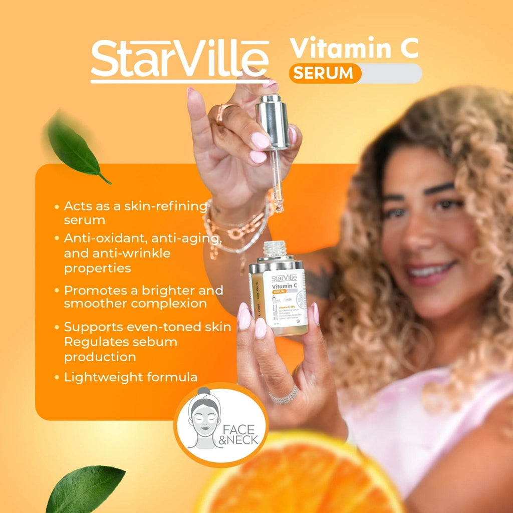 Refect Beauty StarVille Vitamin C serum bottle held by a woman, featuring brightening and anti-aging benefits.
