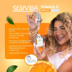 Refect Beauty StarVille Vitamin C serum bottle held by a woman, featuring brightening and anti-aging benefits.