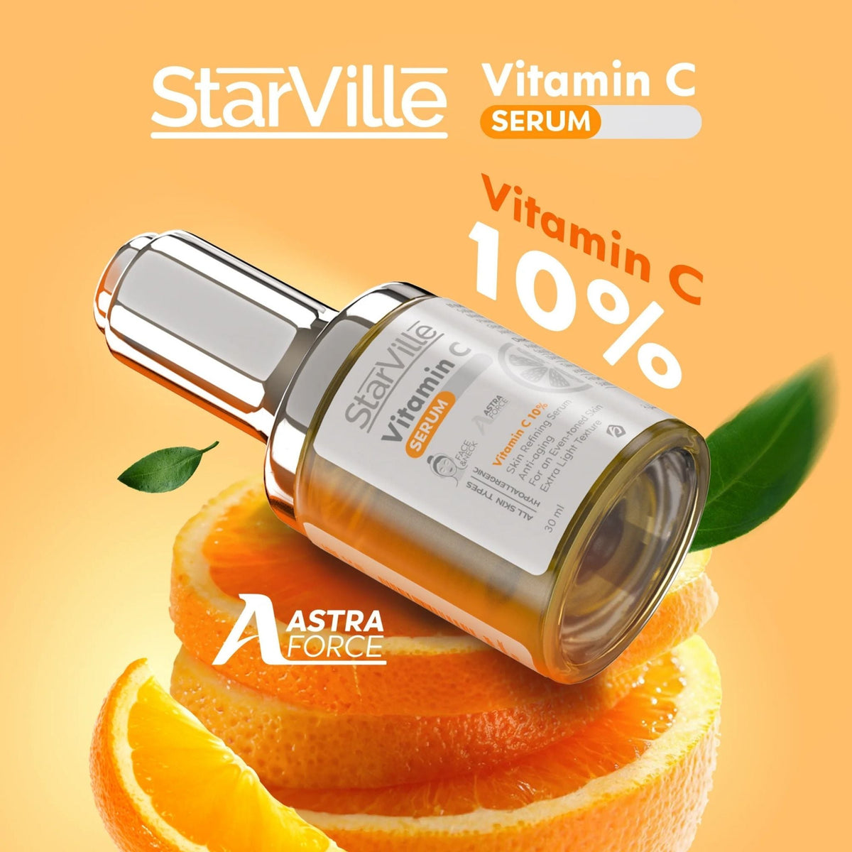 Refect Beauty StarVille Vitamin C serum bottle with dropper, featuring 10% concentration, resting on orange slices.