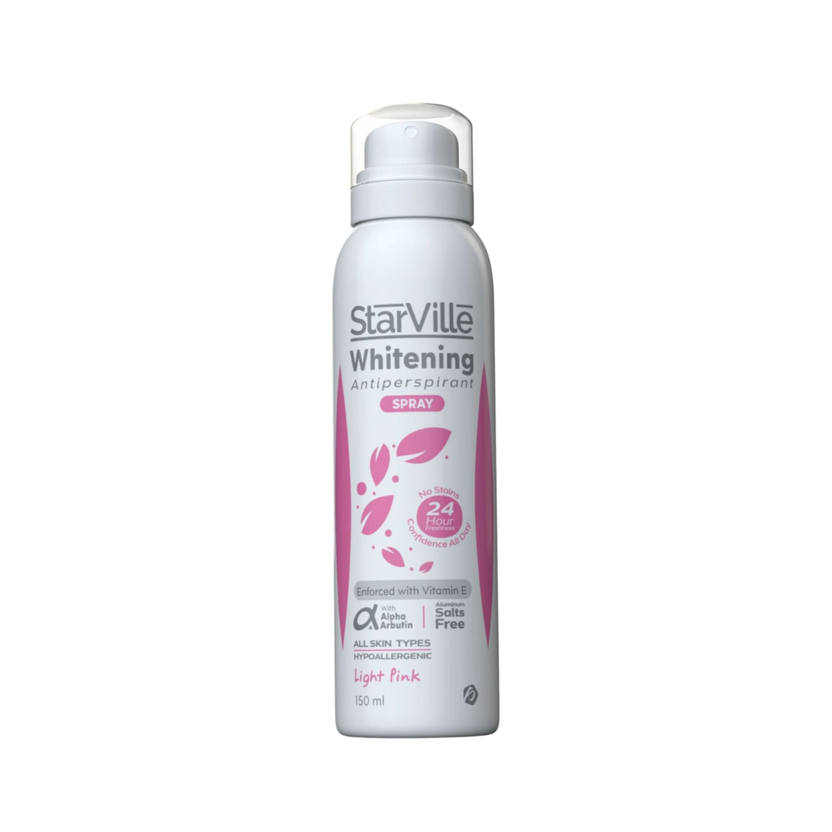 Refect Beauty Starville Whitening Light Pink antiperspirant spray bottle with 24-hour freshness formula.